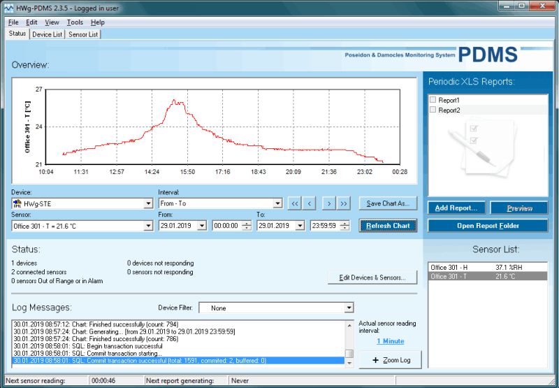 HW-PDMS monitors temperature sensors and stores data in its database