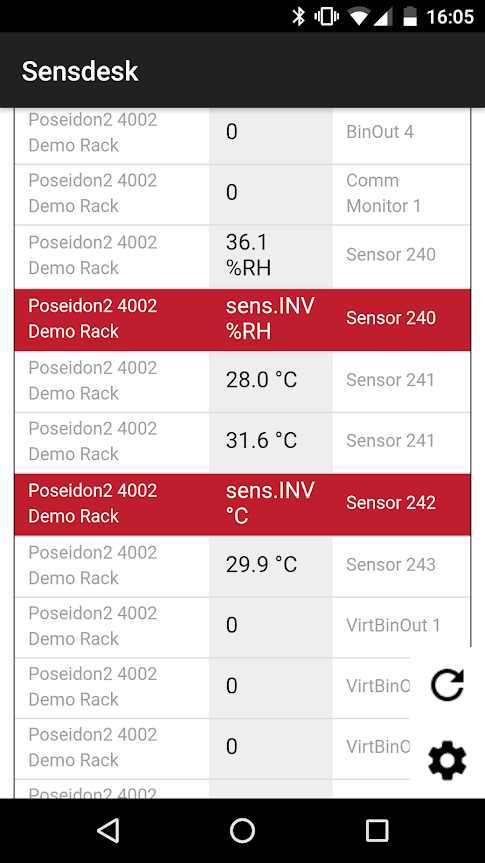 SensDesk mobile App shows all temperature sensors