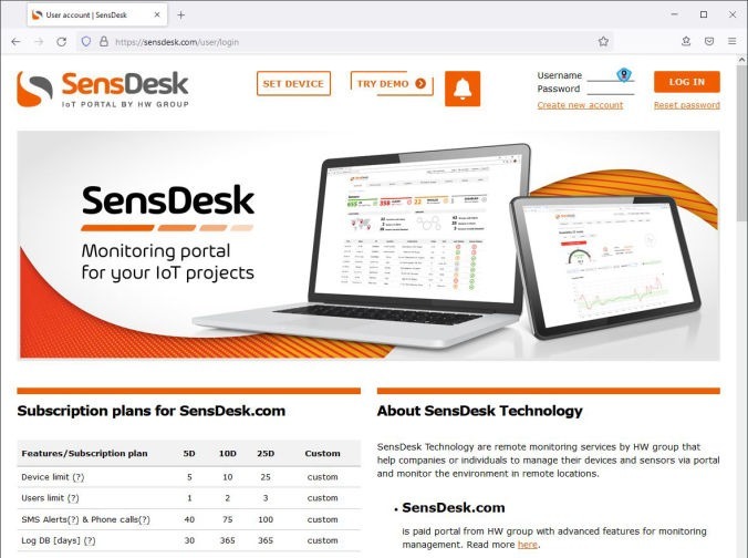 SensDesk portal for temperature and humidity monitoring